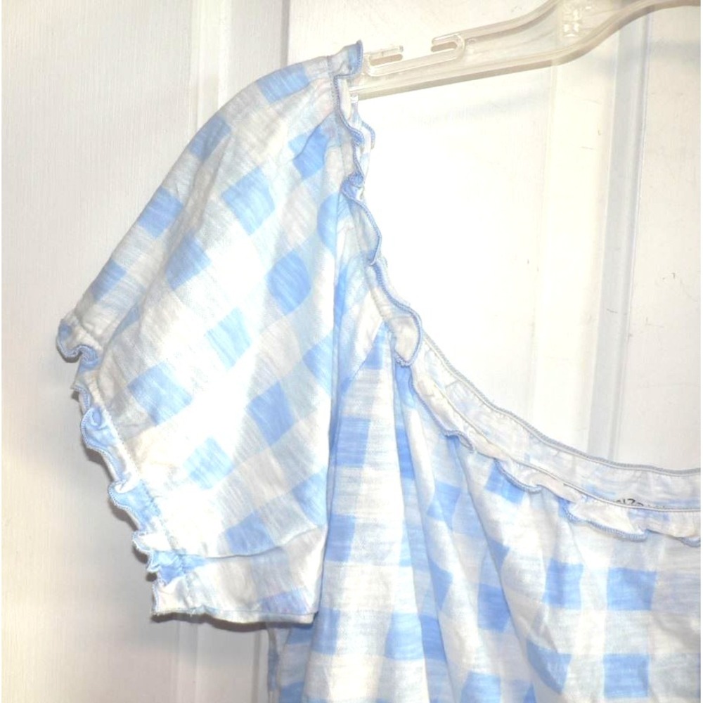 Arizona Jean Co. Women's Lettuce Edge Crop Cotton Gingham Top in Blue/White 2XL - Picture 4 of 8